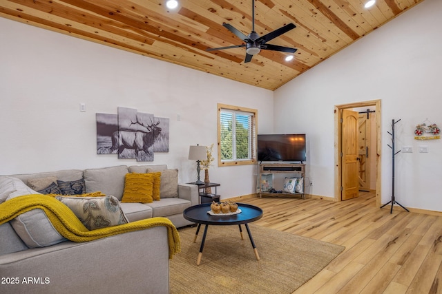 living room featuring ceiling fan, high vaulted ceiling, wood ceiling, and light hardwood / wood-style floors