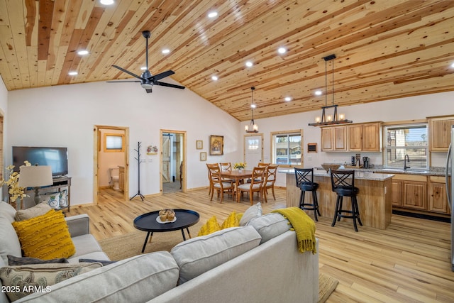 living room with sink, wood ceiling, high vaulted ceiling, light wood-type flooring, and ceiling fan