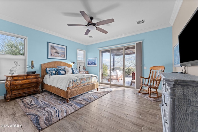 bedroom with access to outside, ornamental molding, and ceiling fan