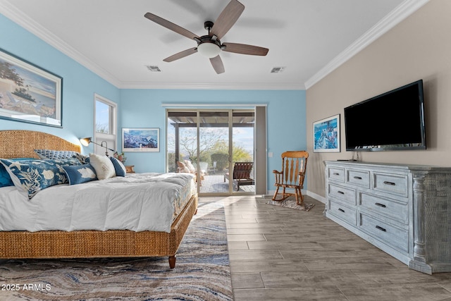 bedroom with crown molding, ceiling fan, and access to outside