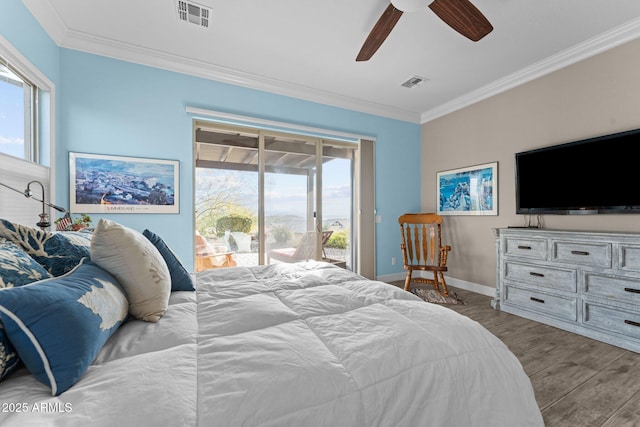 bedroom featuring ornamental molding, hardwood / wood-style floors, access to exterior, and ceiling fan