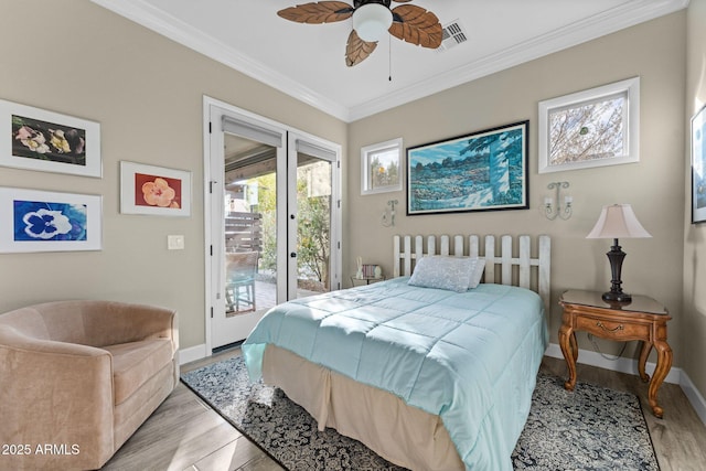 bedroom featuring crown molding, access to outside, ceiling fan, and light wood-type flooring