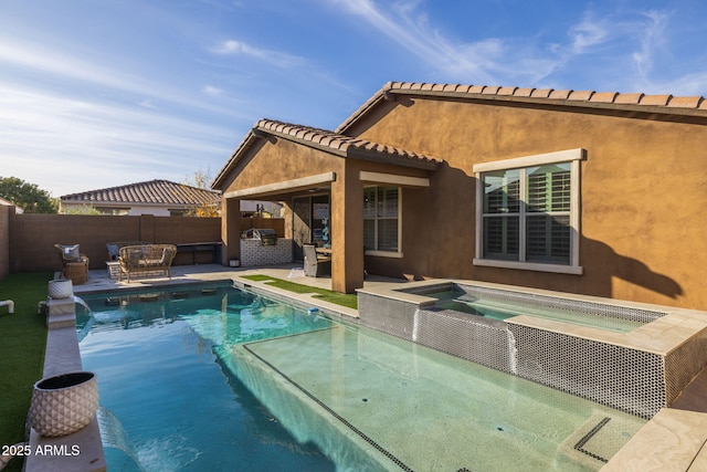 view of pool featuring a fenced in pool, a patio, outdoor lounge area, an in ground hot tub, and a fenced backyard