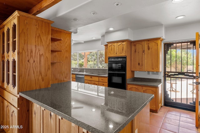 651 Chaparral Rd, Wickenburg, AZ 85390 - kitchen with stainless steel dishwasher, open shelves, dobule oven black, and a healthy amount of sunlight