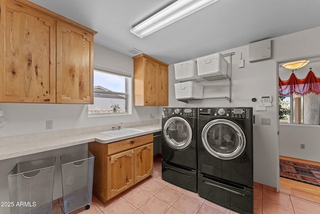 651 Chaparral Rd, Wickenburg, AZ 85390 - laundry area featuring a sink, cabinet space, light tile patterned flooring, and washer and clothes dryer