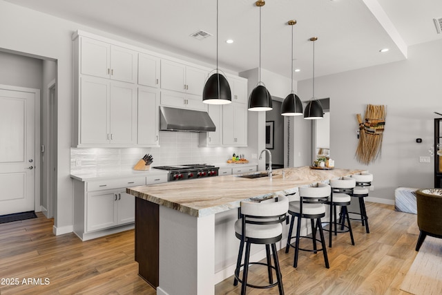16134 E Ridgestone Dr, Fountain Hills, AZ 85268 - kitchen with under cabinet range hood, light wood finished floors, tasteful backsplash, a breakfast bar area, and recessed lighting