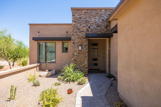16134 E Ridgestone Dr, Fountain Hills, AZ 85268 - doorway to property featuring stucco siding and stone siding