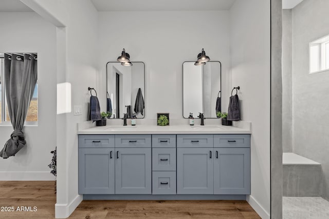 bathroom with wood-type flooring and vanity