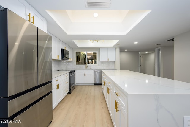 kitchen featuring white cabinetry, decorative backsplash, stainless steel appliances, light stone counters, and a tray ceiling