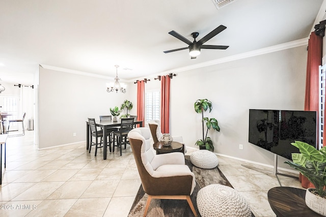 tiled living room featuring ornamental molding and ceiling fan with notable chandelier