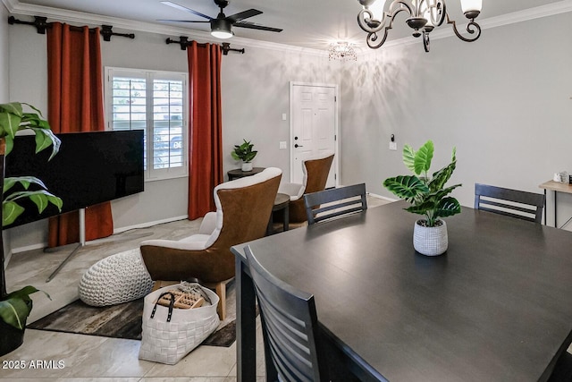 dining area with crown molding and ceiling fan with notable chandelier