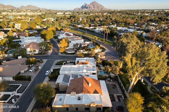 drone / aerial view featuring a mountain view