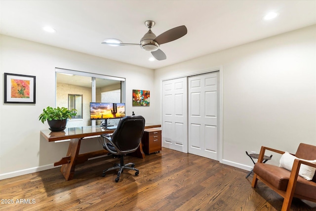 home office featuring ceiling fan and dark hardwood / wood-style flooring