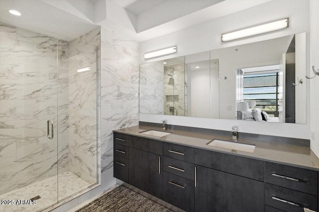 7180 E Kierland Blvd Unit 916, Scottsdale, AZ 85254 - full bathroom featuring connected bathroom, a marble finish shower, double vanity, and recessed lighting