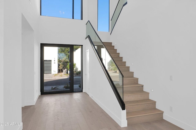 foyer entrance with a high ceiling and light hardwood / wood-style floors