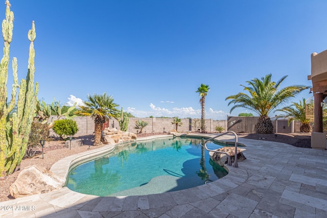 view of swimming pool with a shed and a patio area