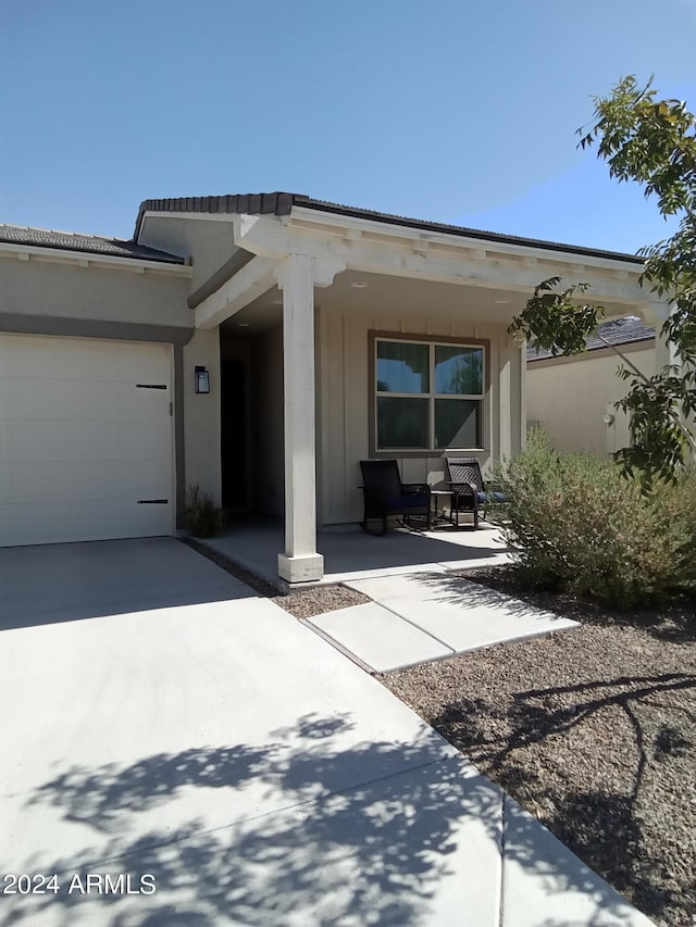 exterior space with a garage