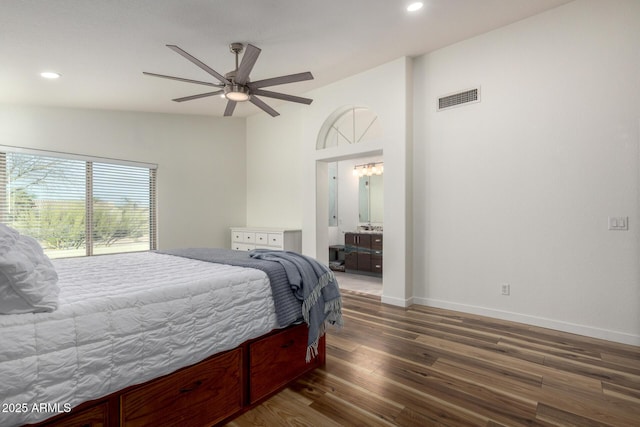 bedroom with recessed lighting, wood finished floors, a ceiling fan, visible vents, and baseboards