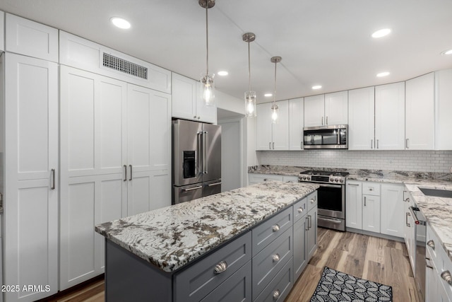 kitchen featuring white cabinetry, visible vents, appliances with stainless steel finishes, and gray cabinets