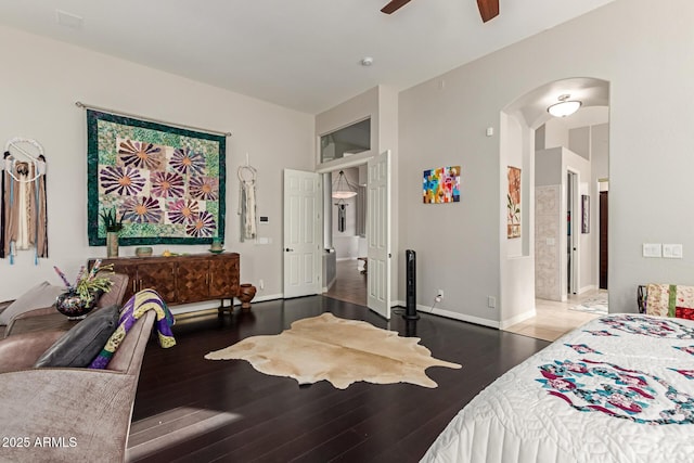 bedroom with hardwood / wood-style flooring and ceiling fan