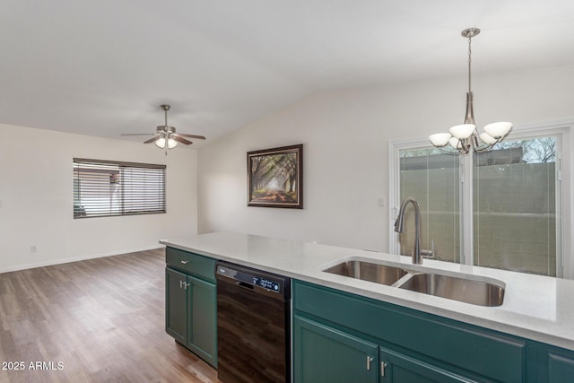 1047 W Laguna Dr, Tempe, AZ 85282 - kitchen featuring black dishwasher, a sink, lofted ceiling, light countertops, and light wood-type flooring