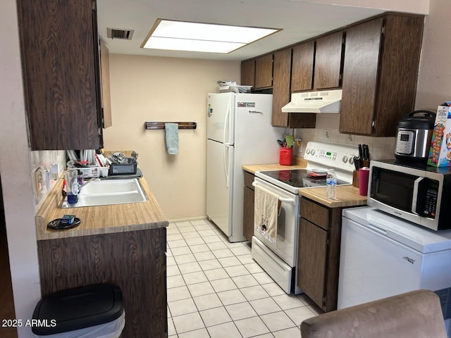 kitchen featuring white electric stove, visible vents, stainless steel microwave, a sink, and under cabinet range hood