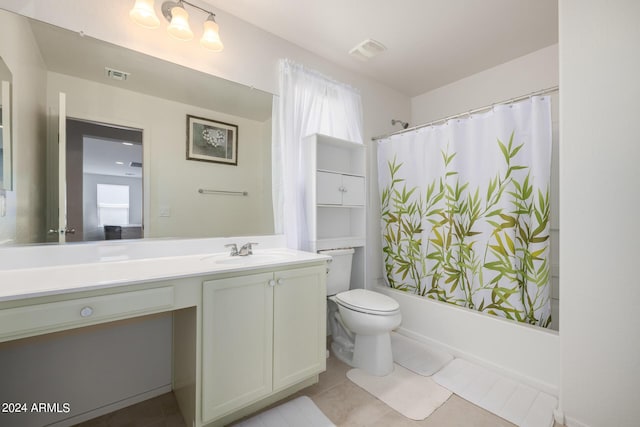 bathroom with toilet, visible vents, shower / bath combination with curtain, and vanity