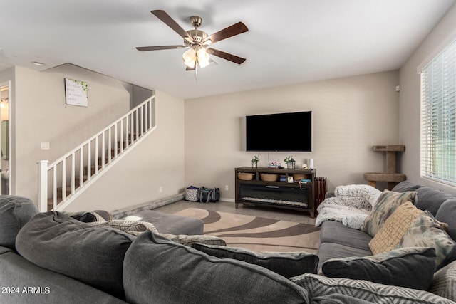 living room featuring ceiling fan