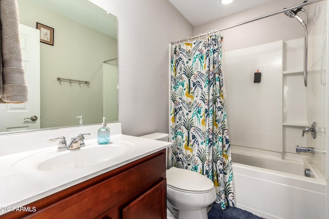 full bathroom with shower / bathtub combination with curtain, vanity, and toilet