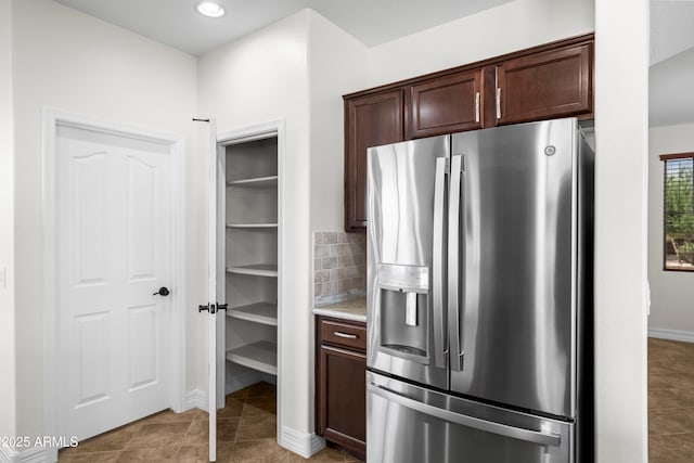 31221 N 130th Ln, Peoria, AZ 85383 - kitchen with stainless steel fridge, baseboards, dark brown cabinets, recessed lighting, and light tile patterned flooring