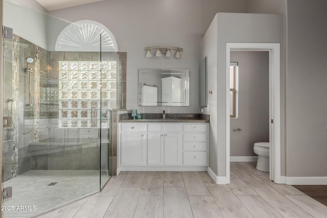 full bath with a stall shower, toilet, vanity, and wood finish floors