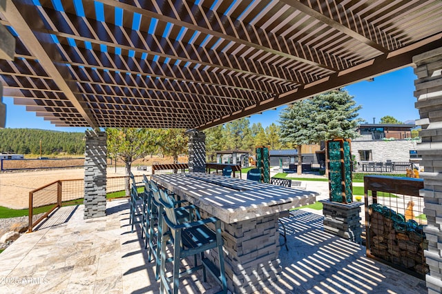 view of patio / terrace with a pergola and exterior bar