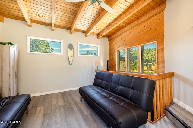 sitting room featuring wood ceiling, a healthy amount of sunlight, beam ceiling, and hardwood / wood-style flooring