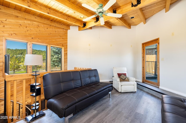 living room featuring wood ceiling, lofted ceiling with beams, wooden walls, dark hardwood / wood-style flooring, and ceiling fan