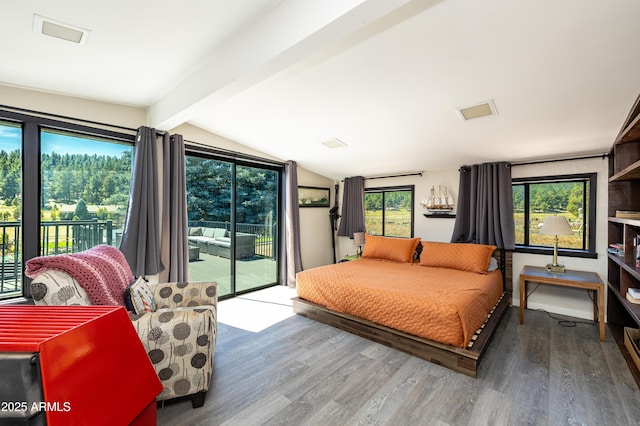 bedroom with hardwood / wood-style flooring, access to outside, and lofted ceiling with beams