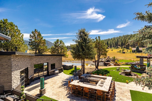 view of patio / terrace featuring an outdoor stone fireplace and a bar