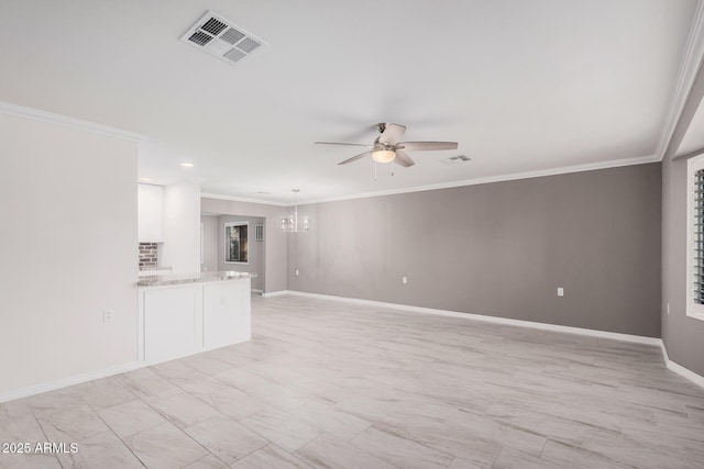 unfurnished living room featuring ceiling fan with notable chandelier and ornamental molding