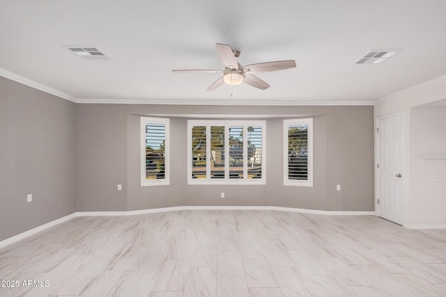 empty room with plenty of natural light, ceiling fan, and ornamental molding