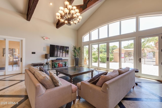 1367 S Country Club Dr S Unit 1125, Mesa, AZ 85210 - living area with inlaid floor details, french doors, high vaulted ceiling, a chandelier, and beamed ceiling