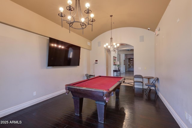 1367 S Country Club Dr S Unit 1125, Mesa, AZ 85210 - game room featuring a chandelier, hardwood / wood-style floors, arched walkways, vaulted ceiling, and pool table