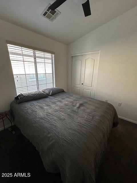 1350 S Greenfield Rd Unit 1219, Mesa, AZ 85206 - carpeted bedroom with lofted ceiling, a ceiling fan, and a closet