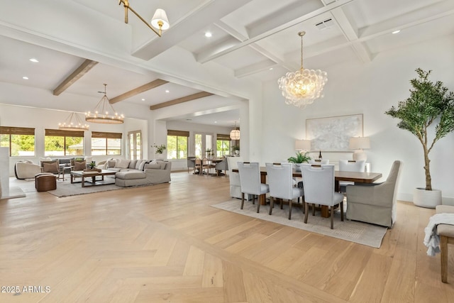 dining space featuring light parquet floors, beam ceiling, coffered ceiling, and an inviting chandelier