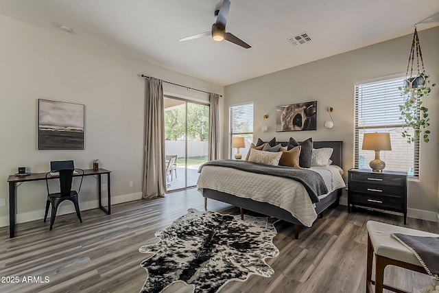 3662 E Megan St, Gilbert, AZ 85295 - bedroom featuring baseboards, visible vents, dark wood-style flooring, and access to exterior