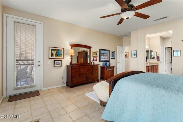 bedroom featuring visible vents, ceiling fan, baseboards, and light tile patterned flooring