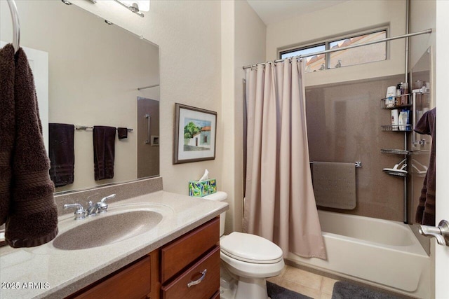 bathroom with toilet, shower / bath combo with shower curtain, vanity, and tile patterned floors