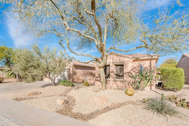 view of front of home featuring a tiled roof, driveway, and stucco siding