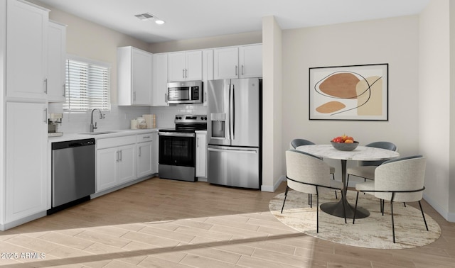 kitchen featuring sink, white cabinetry, light wood-type flooring, stainless steel appliances, and decorative backsplash