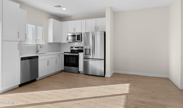 kitchen featuring appliances with stainless steel finishes, sink, white cabinets, decorative backsplash, and light hardwood / wood-style floors