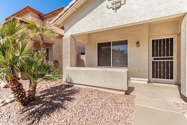 view of exterior entry featuring stucco siding