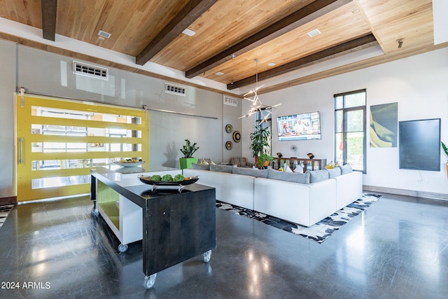 living room with wood ceiling, beamed ceiling, and visible vents